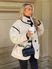 Aiertu - Street Patchwork Lamb Wool Women Jacket Full Sleeve Single Breasted Lady Coat Autumn Winter Soft Warm Female Outwear Aiertu