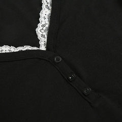 Aiertu - party look snspos Casual Slim Ribbed T-Shirt Women Button Up Lace Trim V Neck Long Sleeve Spring Autumn Vintage Basic Tees Aiertu