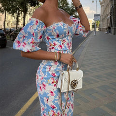 Aiertu - Women Sexy Strapless Lace Long Party Dress Spring Floral Print Slim Bodycon Hip Dress Autumn Off Shoulder Puff Sleeve Maxi Dress Aiertu