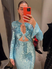 Aiertu - Elegant Sequin Drawstring Party Long Dress Women Slim Hollow Out Full Sleeve Hip Package Robes 2026 Fashion Lady Evening Dresses Aiertu