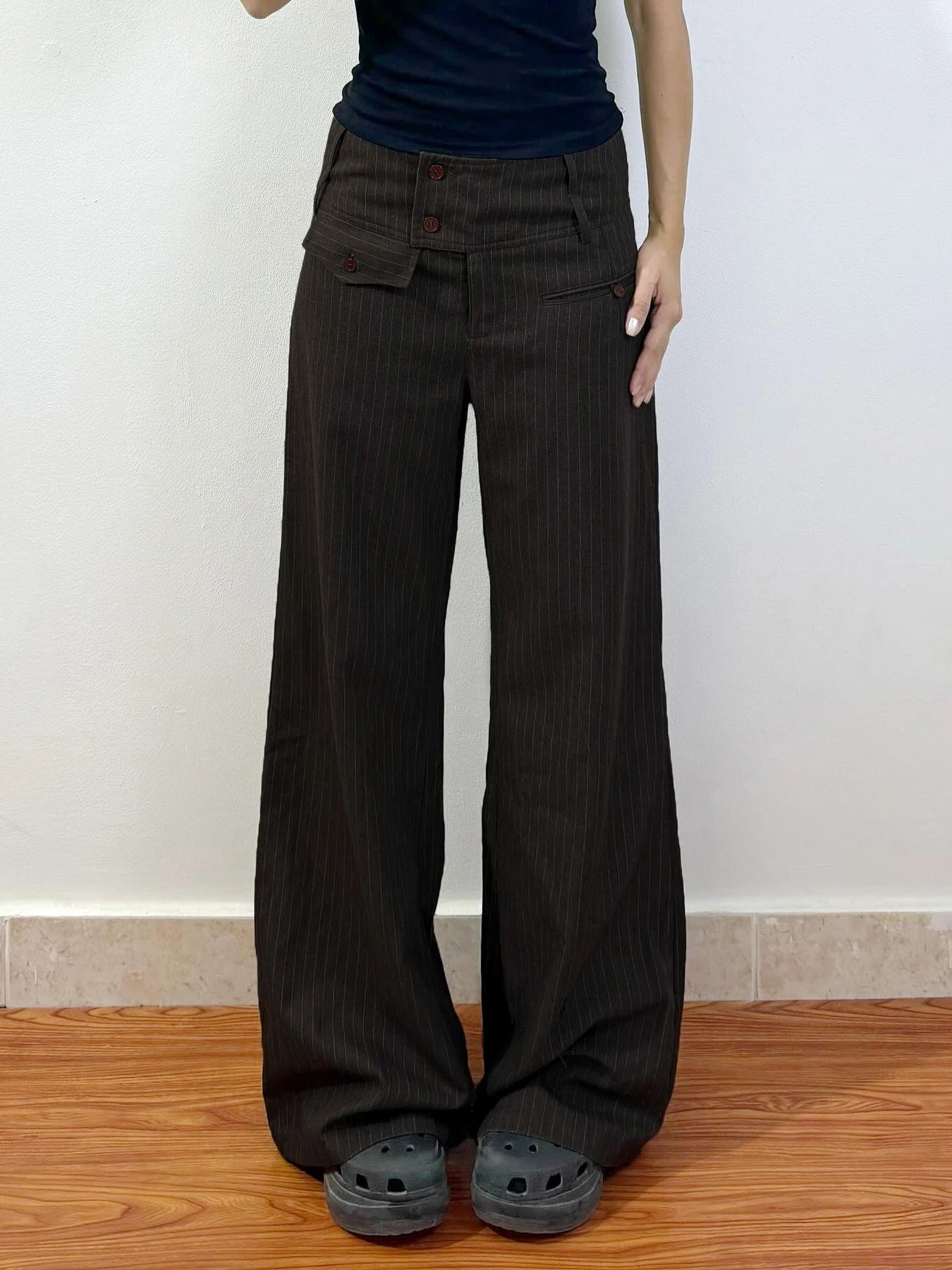 Aiertu - 90s Retro Button-up Striped Pants Women Low Rise Loose Wid-leg Casual Pants for Summer Streetwear y2k Aesthetic Trousers Aiertu