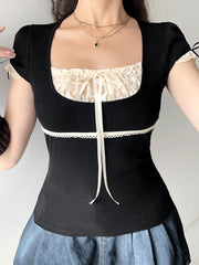 Aiertu - summer inspo Sweet Y2K Contrast Lace Patchwork Square Collar Black T-Shirt Women Short Sleeve Basic Balletcore Cute Summer Tops Aiertu