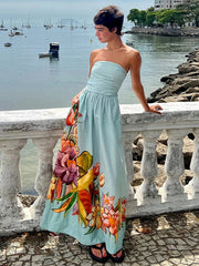 Aiertu - Blue Printed Strapless Dress Pleated Fluffy Large Hemline Cinched Waist Slimming Off Shoulder Robes Women Beach Long Dresses Aiertu