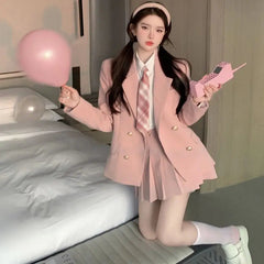 Aiertu 2025 Autumn New Japanese Korean Style Women Pink Jk Uniform Set Girl College Style School Suit Short Coat Pleated Skirt Set Aiertu
