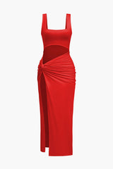 Aiertu Solid Twist Front Cut Out Slit Midi Dress Aiertu