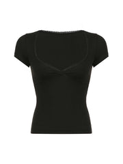 Aiertu - summer inspo Hot Black Solid Slim Elegant Basic Short Sleeve Tees Lace Trim Cute Y2K V Neck White T Shirts Women Summer Streetwear Tops Aiertu