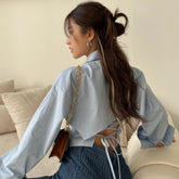 Aiertu Korean Long Sleeve Shirt Women Sexy Strap Backless Chic Blouse Office Lady Slim Lace Up Turn Down Collar Casual Top Aiertu