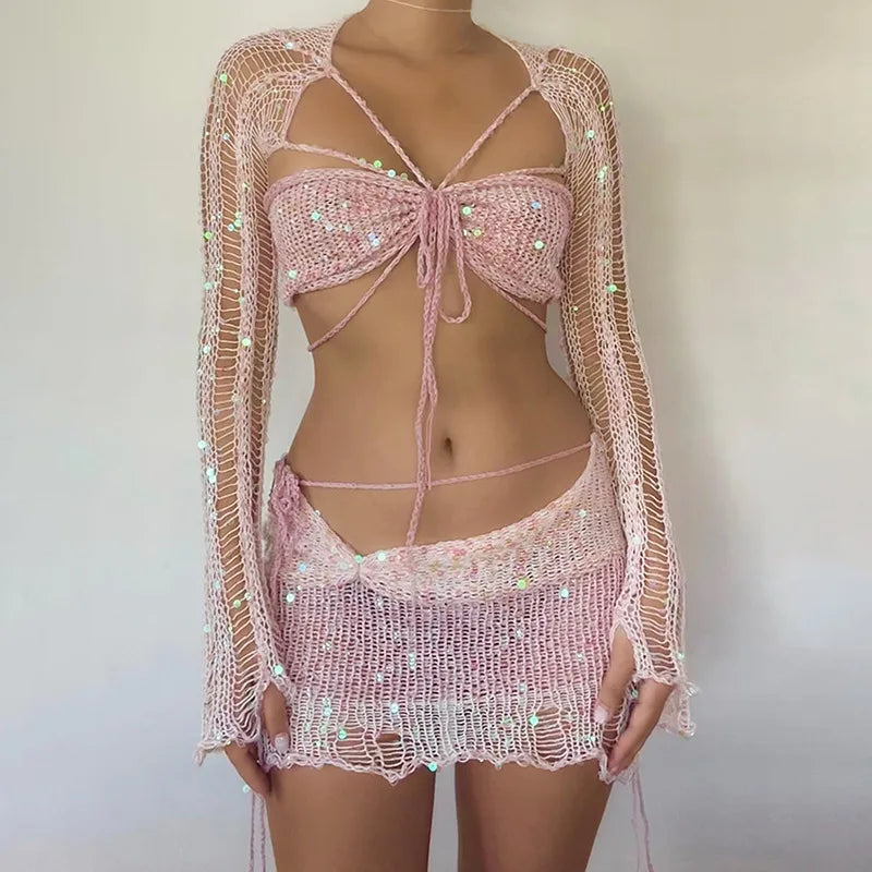 Aiertu - Knitted Skirt Sets Sequins Two Pieces Set Long Sleeve Crop Top and Skirt Suit Glitter Sets Sexy Crochet Matching Sets for Women Aiertu