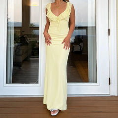 Aiertu - Women Ruffle Trim Cami Dress Slim Solid Color Deep V Neck Open Back Tie Long Evening Dress for Party Clubwear Aiertu