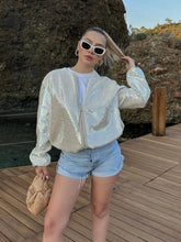 Aiertu - Shinny Sequins Loose Short Jacket Women Elegant O Neck Long Sleeve Zipper Cropped Coat Autumn Chic Lady Commuting Street Outwear Aiertu