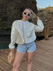 Aiertu - Shinny Sequins Loose Short Jacket Women Elegant O Neck Long Sleeve Zipper Cropped Coat Autumn Chic Lady Commuting Street Outwear Aiertu