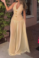 Aiertu Metallic Decor Tie Front Halter Neck V-Neck Maxi Dress aiertu