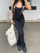 Aiertu - summer inspo Black Solid Sleeveless Skinny Sexy Flared Jumpsuits Women Lace Trim Tie Bow Cute Sweet Y2K Slip Rompers Aiertu