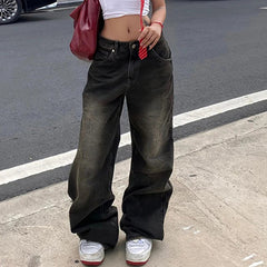 Aiertu Low Waist Jeans for Women Goth Y2k Style Baggy Jeans Punk New Jeans Wide Leg Denim Pants Kpop Casual Loose Streetwear Aiertu