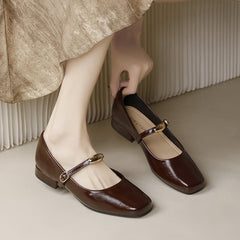 Aiertu Casual Woman Shoe Black Flats Female Footwear Shallow Mouth Low Heels Square Toe Big Size Retro Dress Nurse Buckle Strap Mary Ja Aiertu