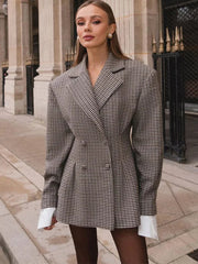 Aiertu - Breasted Plaid Women Coat Full Sleeve Lapel Female Jacket 2025 Fashion Elegant Blazer Slim Shoulder Pads Lady Outerwear Aiertu