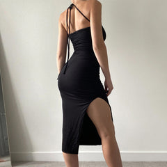 Aiertu - Lace Up Drawstring Ruched Side Slit Midi Dress Aiertu