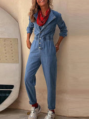 Aiertu - Women Slim Denim Jumpsuits Long Pants Rompers Springturn Down Collar Loose One Piece Full Sleeve Tight High Waist Overalls Aiertu