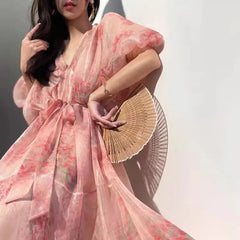 Aiertu - French Vintage Style Floral V-neck Dress Women's Summer Pure Sexy Loose A-line Long Dress Fashion Female Clothes Aiertu
