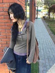 Aiertu - Korean Fake Two Pieces Patchwork Stripe T-Shirts Women Y2k Aesthetic Grunge Hooded Tops Vintage Button Casual Slim T-shirt 2025 Aiertu