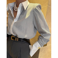 Aiertu Elegant Striped Shirts Women Korean Patchwork Long Sleeve Blouses Office Ladies Fashion Black Pink Casual All Match Tops Aiertu