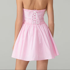 Aiertu Women's y2k Corset Mini Dress Pink Strapless Tie-up Front Lace Trim Tube Top Dress Short Party Going Out Dresses Aiertu