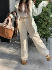 Aiertu - Cotton Pants Women Chic Loose Daily Warm 2026 Winter Gentle Straight Wide Leg Fashion Daily New High Waist Slim Aiertu