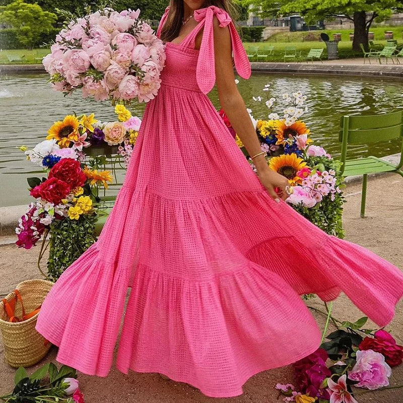 Aiertu - Sexy Off Shoulder Bow Tie-up Suspenders Dress Women Fashion Hight Waist Pleated Solid Long Dress Elegant Temperament Swing Dress Aiertu
