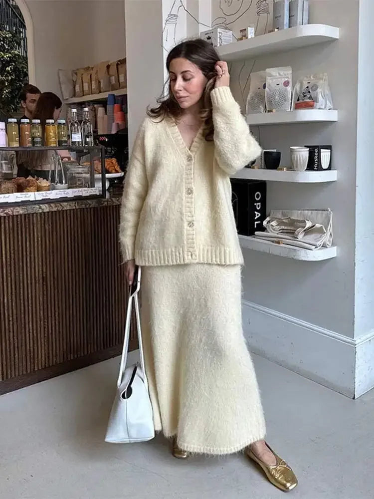 Aiertu - Elegant Knitted Solid Single Breasted Sweater Coat Skirt Suits Fashion V Neck Long Sleeves Cardigan Loose Commute Skirts Sets Aiertu