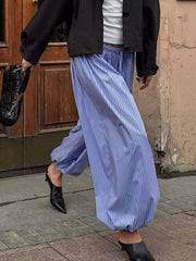 Aiertu - Streetwear Blue Striped Print Casual Pants Elastic Low Rise Loose Trousers y2k Aesthetic Korean Style Hippie Trousers Aiertu