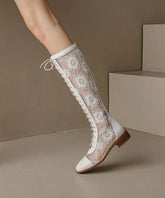 Aiertu Chic White Hollow Out Lace Up Chunky Boots Aiertu