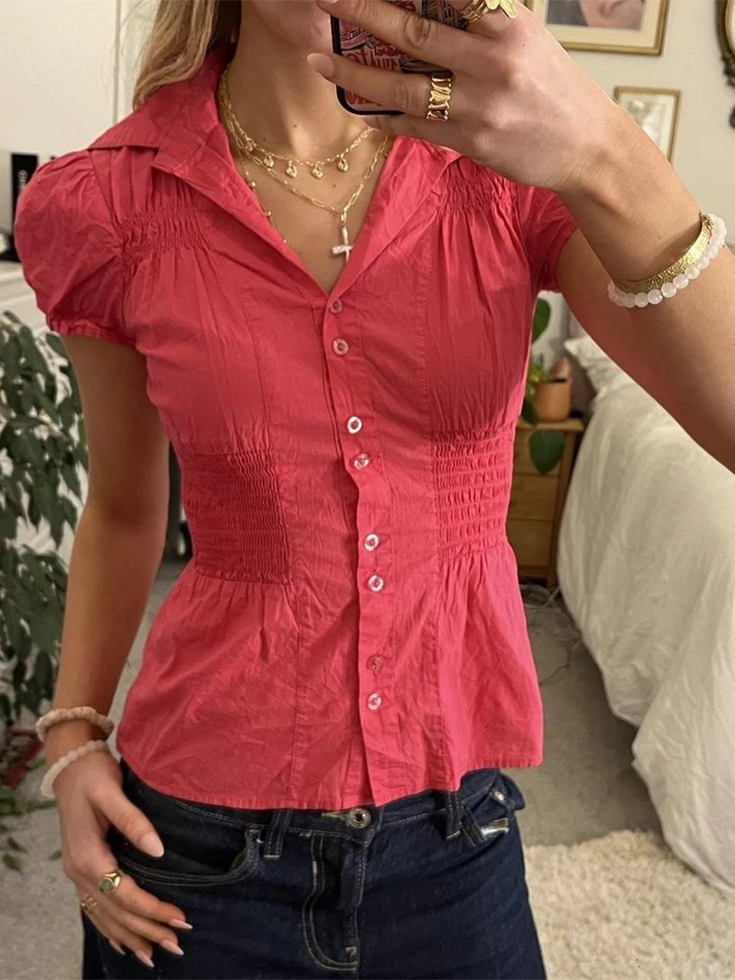 Aiertu - Ladies Stylish Short Sleeve Tee Shirt with Button Detail in Solid Color for Casual Streetwear and Grunge Fashion Trends Aiertu