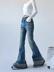 Aiertu - 2000s Distressed Bootcut Cake Pants Women Vintage Patchwork Plaid Whiskers High Waist Flare Jeans Kawaii Bell Bottoms Aiertu