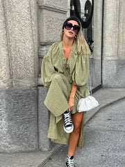 Aiertu Loose Green Side Split Women Dress Casual Bandage Long Sleeve V Neck Female Dresses 2025 Summer Lace Up Lady Comfortable Robe Aiertu