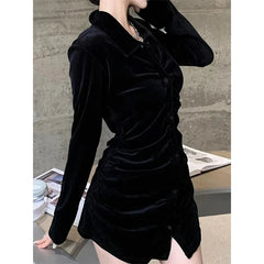 Aiertu Vintage Shirts Women Black Velvet Pleated Blouses Korean Elegant Folds Turn Down Collar Long Sleeve Slim Chic Casual Tops Aiertu