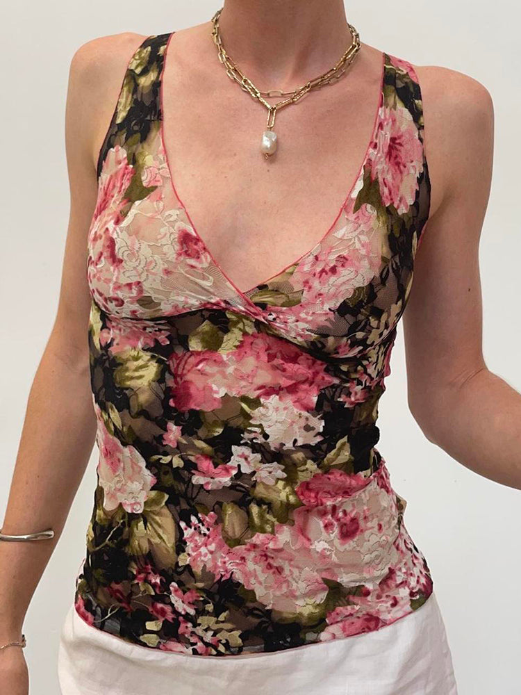 Aiertu - summer inspo Hot French Romantic Colorful Floral Print Lace Vest Sleeveless V Neck Slim Elegant Sexy Summer Vacation Boho Tank Top Women Aiertu