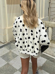 Aiertu - Chic Black Polka Hearts Lapel Jacket For Women Fashion Long Sleeves Pocket Zipper Coat 2026 Autumn Lady Casual Street Tops Aiertu