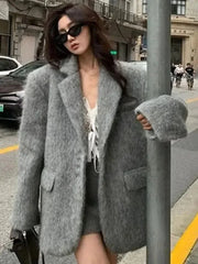 Aiertu - Loose Lapel Plush Jacket Female 2026 Autumn Winter New Warm Solid Button Long Sleeve Coat Office Lady Outwear Elegant Aiertu