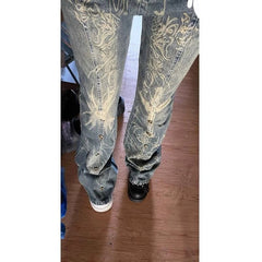 Aiertu - High Street New American Fashion Populat Pants Punk Harajuku Vintage Print Temperament Flare Trouses Y2k Aesthetic Rivet Pant Aiertu