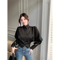 Aiertu Elegant Cropped White Shirts Women Korean Fashion Black Batwing Long Sleeve Blouses Office Ladies Basic Chic Tunic Tops Aiertu