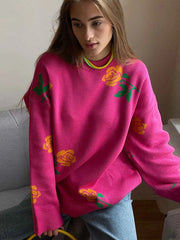 Aiertu - Flower Print Fashion Sweater Women's Casual Loose Female Knitted Top Winter Thick Warm Oversized Knitted Pullover Aiertu