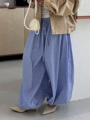 Aiertu - Streetwear Blue Striped Print Casual Pants Elastic Low Rise Loose Trousers y2k Aesthetic Korean Style Hippie Trousers Aiertu