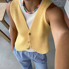 Aiertu - Casual Knit Crochet Vest Women Loose V-neck Single Breasted Sleeveless Waistcoat 2026 Autumn New Lady All Match Top Streetwear Aiertu