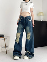 Aiertu - Women's Broken Hole Tassel Star Jeans Young Girl Straight Denim Trousers Vintage Street Style Bottoms Female High Waisted Pants Aiertu