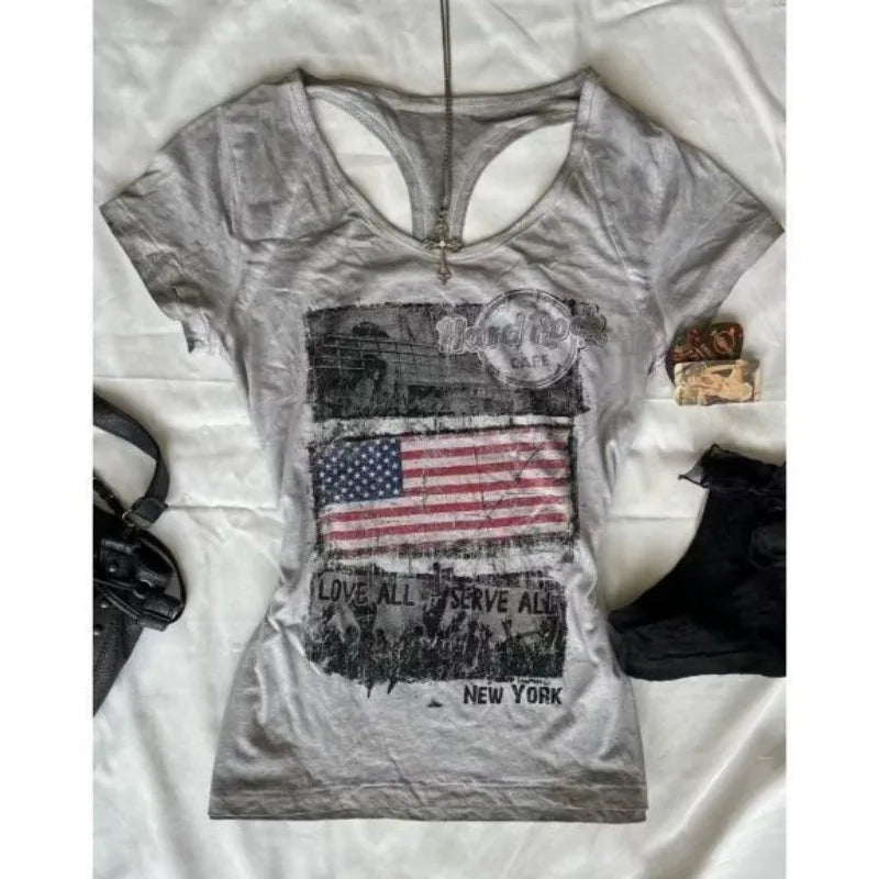 Aiertu - American Y2K cotton geometric pattern printed slim fit sexy short-sleeved T-shirts for women in summer new aesthetic casual tops Aiertu