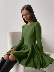 Aiertu - Round Neck Waist Cinched Knitted Dress Slim Fit Fashionable Ladies Versatile Ins Style Pleated Women's A-line Dresses Aiertu