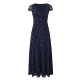 Aiertu - Summer Women Navy Blue Short Sleeve V Neck Floral Print Dress High Waist A-line Midi Mesh Vintage Dresses French Style Robe Aiertu