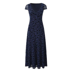 Aiertu - Summer Women Navy Blue Short Sleeve V Neck Floral Print Dress High Waist A-line Midi Mesh Vintage Dresses French Style Robe Aiertu