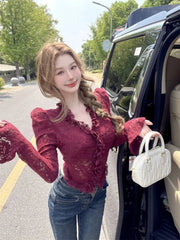 Aiertu - Top Selling French High-end Hollow Lace Shirt with Pure Desire for Style Short Sleeved Small Shirt Top Aiertu