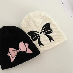 Aiertu - Autumn Winter Bow Embroidery Knitted Hats Women Girls Fashion Pink Bow Warm Adult Beanie Hat Korean Skullies Caps Female Bonnet Aiertu